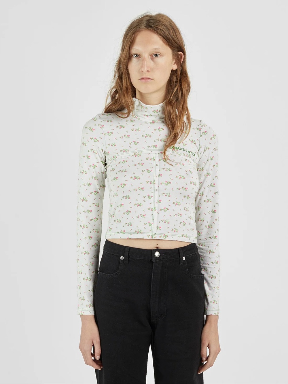 Eckhaus Latta White Floral Long-Sleeve Crop Top